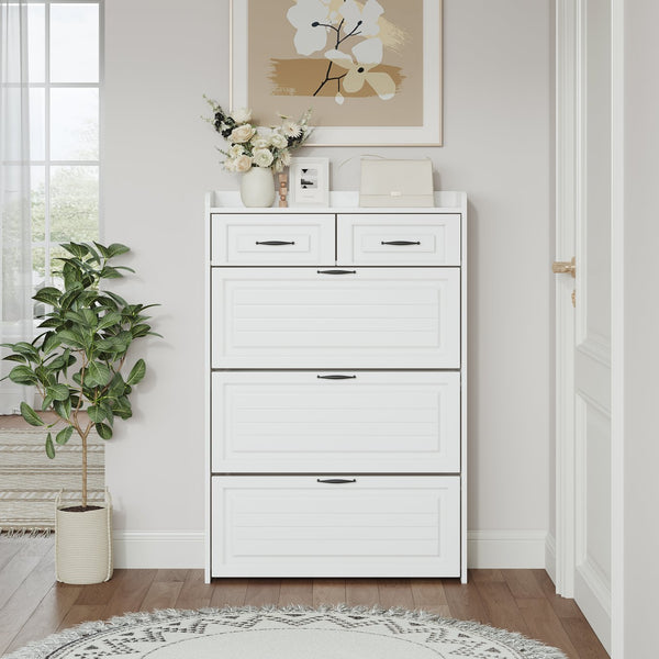 English Elm 1250 White Shoe Cabinet With 3 Drop-Down Doors & 2 Drawers – Stylish, Space-Saving Storage Solution! W1320P236450
