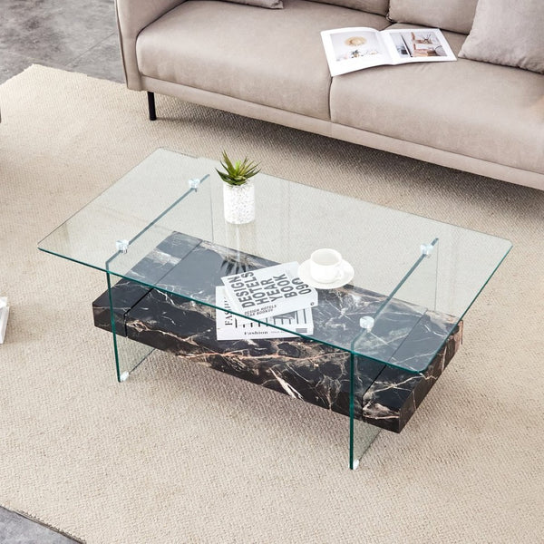 English Elm Rectangular Two Tier Glass Coffee Table with Marble Shelf for Modern Living Rooms W2920P226071