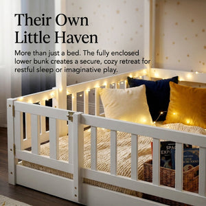 English Elm Twin Over Full Bunk Bed Solid Pine Frame with Built-in Slide and Storage Staircase White W504S00290