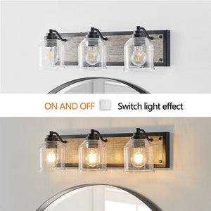 English Elm 23" Farmhouse Vanity Light Fixture – 3-Light Industrial Wall Sconce with Clear Seeded Glass, Black Woodgrain Finish W2312P374826