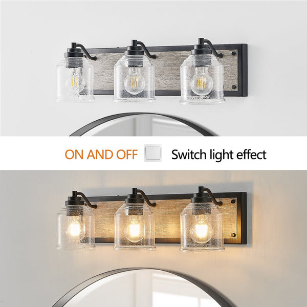 English Elm 23" Farmhouse Vanity Light Fixture – 3-Light Industrial Wall Sconce with Clear Seeded Glass, Black Woodgrain Finish W2312P374826