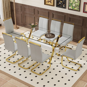 English Elm Table Elegance: 71"X35.4" Clear Glass Dining Set With 8 Light Gray Pu Chairs & Golden Legs W1151S02366-GIGA