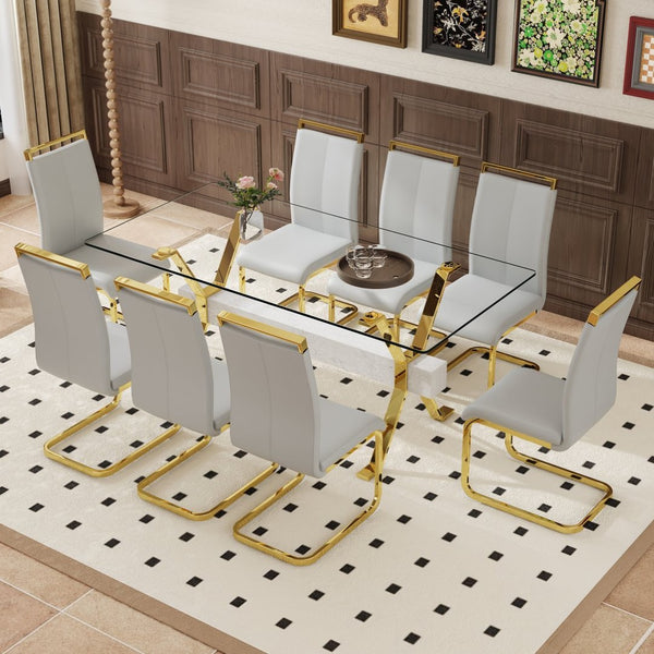 English Elm Table Elegance: 71"X35.4" Clear Glass Dining Set With 8 Light Gray Pu Chairs & Golden Legs W1151S02366-GIGA