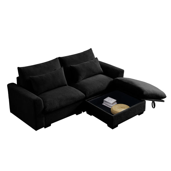 English Elm Sectional Corduroy Sofa Sleeper with Storage Ottoman, Deep 2-Seat Modular Couch, Cozy Pillows, Black W714S00848