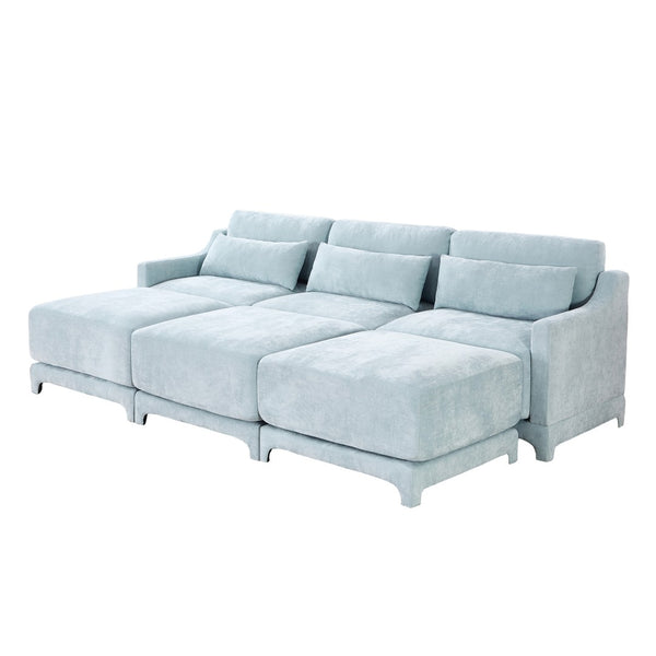 English Elm Three Elegant Sky-Blue Chenille Sofa With 3 Movable Ottomans & Lumbar Pillow For Versatile Comfort W714S01209-GIGA