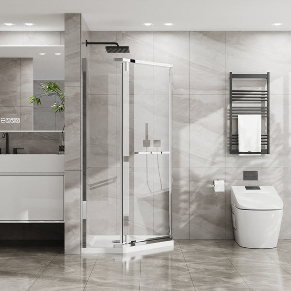 English Elm Goodyo Neo-Angle Frameless Shower Door with Acrylic Base 36"x36"x72" Tempered Glass Pivot System Chrome W1223S00025