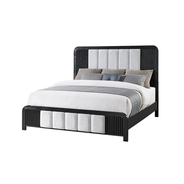 English Elm Beverly Solid Wood Bed with Fluted Detailing and Plush Upholstered Headboard, Low Profile Design Black and White King B201S00418