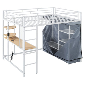 English Elm Full Loft Metal Bed with Built-In Desk, LED Strip, Power Outlet and Fabric Wardrobe for Space-Saving Living White SF000179AAK