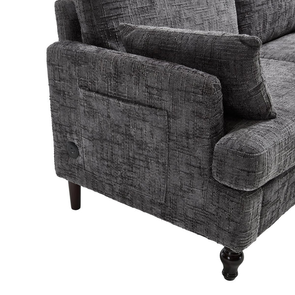 English Elm Modern chenille 2-seater sofa with LED lighting, USB charging, storage pocket, sturdy wood legs Gray W395P318544