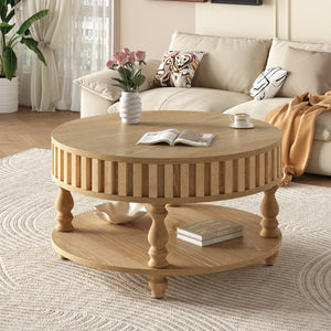English Elm Farmhouse Fluted Square Coffee Table with Flip Top Hidden Compartment and Open Shelf Natural Wood W1445P370481