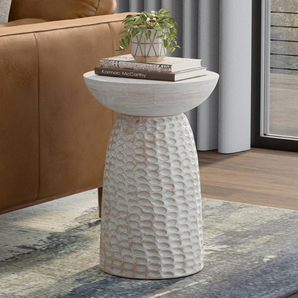 English Elm Boyd Hand-carved Solid Mango Wood Accent Table with White Finish for Modern Living White Washed B136P414661