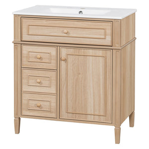 English Elm "30'' 30 Inch Freestanding Bathroom Vanity Solid Pine Cabinet Ceramic Sink Soft Close Storage N725P375498T
