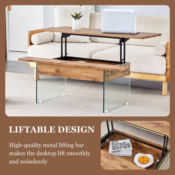 English Elm Multifunctional Lift Top Coffee Table with Tempered Glass Legs, Ergonomic Storage and Durable MDF Finish Natural Wood,Transparent W2920P226073