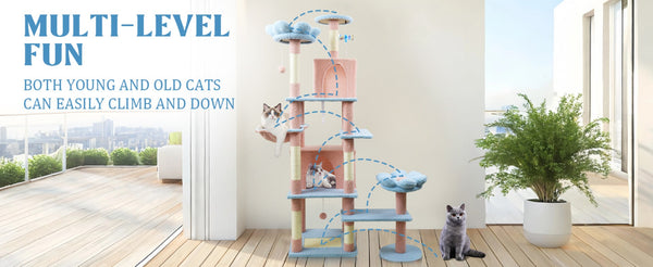 English Elm 71 Inch Floral Cat Tower with Condo Hammock Sisal Posts and Plush Perches for Large Breeds Blue W243P326628
