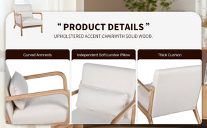 English Elm Mid Century Modern Accent Chair Solid Rubberwood Frame Lumbar Pillow Beige Living Room W2989P426363