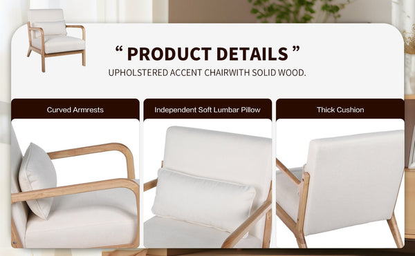 English Elm Mid Century Modern Accent Chair Solid Rubberwood Frame Lumbar Pillow Beige Living Room W2989P426363