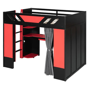 English Elm Full Size Loft Bed with Desk Blackout Curtains Rgb Lighting and Integrated Storage Black+Red LT000377AAJ