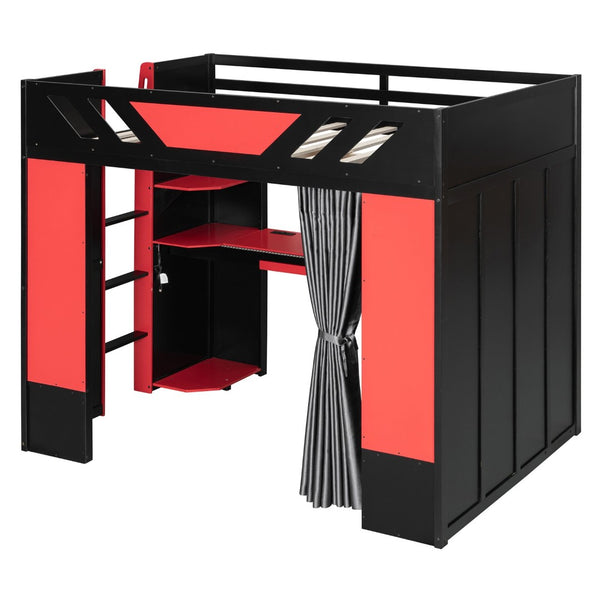 English Elm Full Size Loft Bed with Desk Blackout Curtains Rgb Lighting and Integrated Storage Black+Red LT000377AAJ