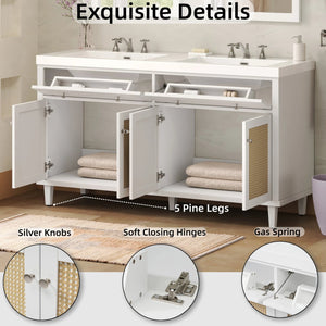 English Elm Christopher Knight Home® - 60 Inch Bathroom Vanity with Double Sinks SMC, Rattan Doors, Soft-Close Drawers, Stable Pine Legs White N817P296140W