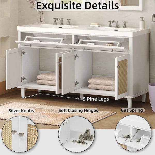 English Elm Christopher Knight Home® - 60 Inch Bathroom Vanity with Double Sinks SMC, Rattan Doors, Soft-Close Drawers, Stable Pine Legs White N817P296140W