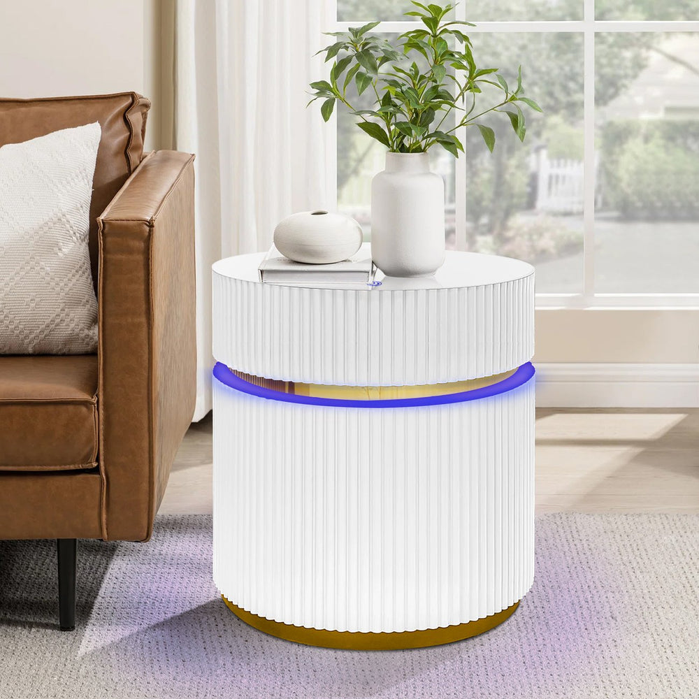 English Elm Tavita LED-Illuminated 19.5" Round White Side Table with Glass Top, Ambient Light, Modern Elegance B061P253485