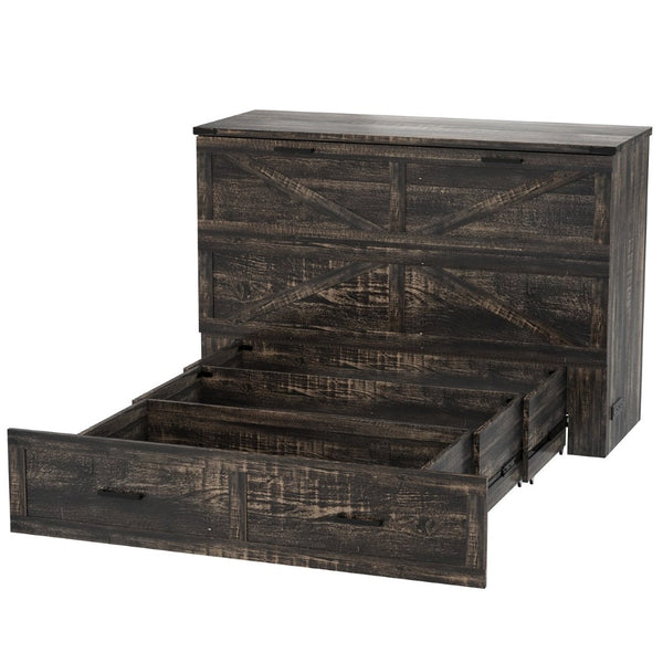 English Elm Queen Murphy Cabinet Bed Rustic Grey Farmhouse Style with Charging Station Storage W5271S00001