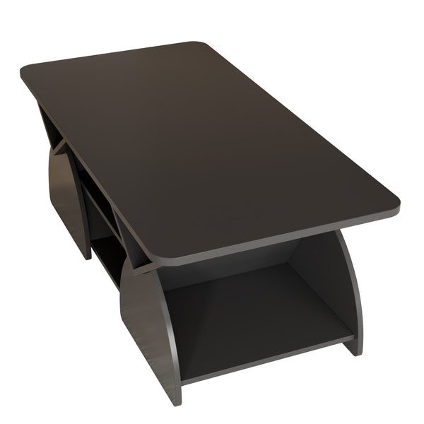 English Elm Engineered rounded corner rectangular coffee table with 6 cubbies, spacious tabletop, durable melamine finish Black W2899P372760