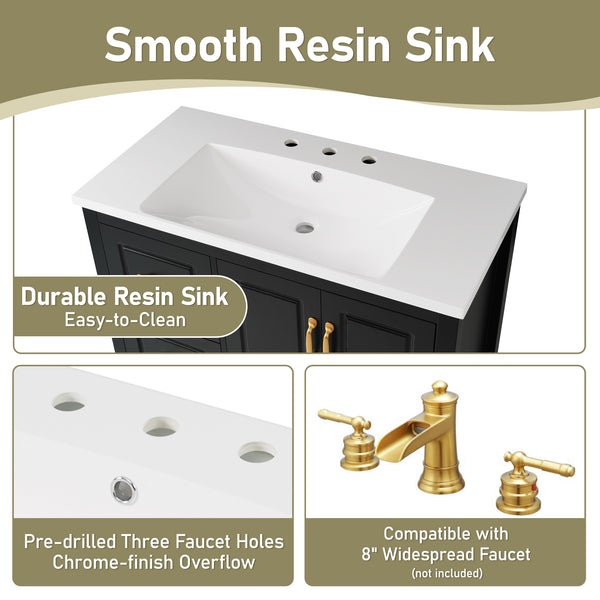 English Elm Christopher Knight Home® - 36" Freestanding Bathroom Vanity with Resin Sink, Soft-Close Doors & Drawers, Gold Alloy Handles, Spacious Storage and Easy Plumbing Access Black N759P292552B
