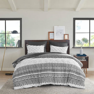 JLA Home INK+IVY - 3 Cotton Duvet Cover Set Mila — Tufted Chevron Chenille, Gray Botanical Print, Reversible Styling and Easy Care 92 L x 104 W x 0.13H II12-1251