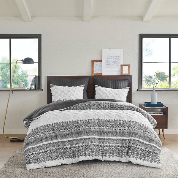 JLA Home INK+IVY - 3 Cotton Duvet Cover Set Mila — Tufted Chevron Chenille, Gray Botanical Print, Reversible Styling and Easy Care 92 L x 104 W x 0.13H II12-1251