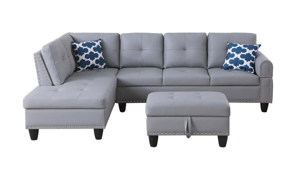 English Elm Black Faux Leather Sectional Sofa with Cup Holders Storage Ottoman and Nailhead Trim Gray B2730S00021