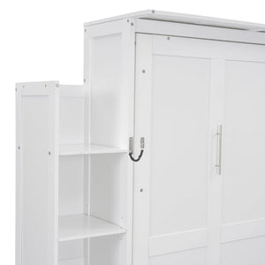English Elm Full Size Murphy Wall Bed with Led Lighting Side Storage Cabinets and Slatted Support White LP000694AAK-1