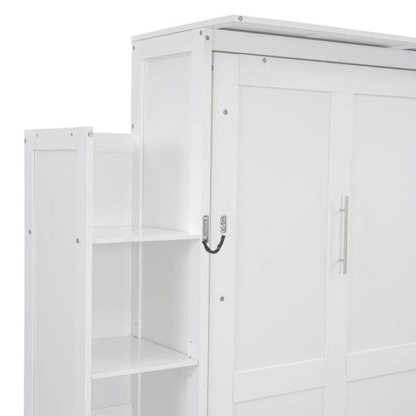 English Elm Full Size Murphy Wall Bed with Led Lighting Side Storage Cabinets and Slatted Support White LP000694AAK-1