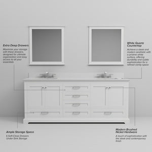 English Elm White Double Bath Vanity 80 in W x 22 in D with White Quartz Counter, Soft-Close Drawers, Mirrors B2731S00815
