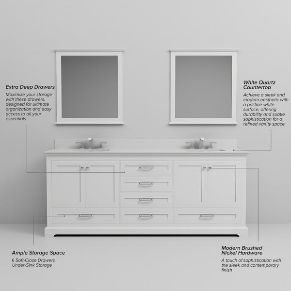 English Elm White Double Bath Vanity 80 in W x 22 in D with White Quartz Counter, Soft-Close Drawers, Mirrors B2731S00815