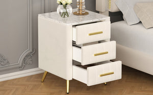 English Elm Upholstered Velvet Nightstand with Faux Marble Top Three Drawers and Slim Metal Legs Beige N733P208520A