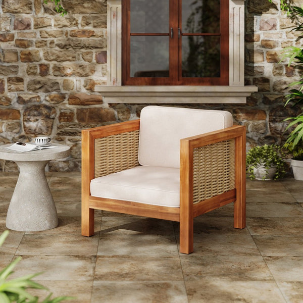 English Elm Acacia Wood Outdoor Lounge Chair with Wicker Arms Teak Finish Patio Seating N779P359686B