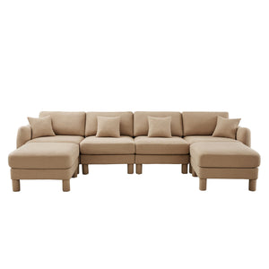 English Elm Boucle U-Shape Sectional Sofa - 4-Seater With Shell Armrests & Movable Ottomans In Coffee Color W3041S00289