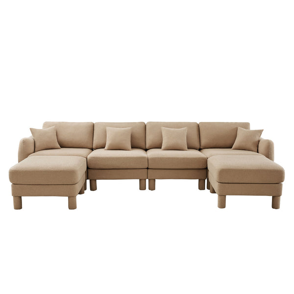 English Elm Boucle U-Shape Sectional Sofa - 4-Seater With Shell Armrests & Movable Ottomans In Coffee Color W3041S00289