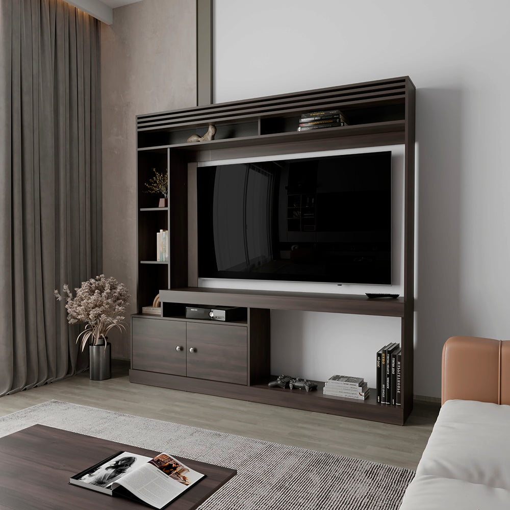 English Elm Flagler Dark Walnut Entertainment Center with Open Shelves, Closed Cabinets & Durable Engineered Wood (69) B092S00272