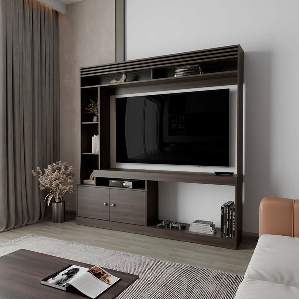 English Elm Flagler Dark Walnut Entertainment Center with Open Shelves, Closed Cabinets & Durable Engineered Wood (69) B092S00272