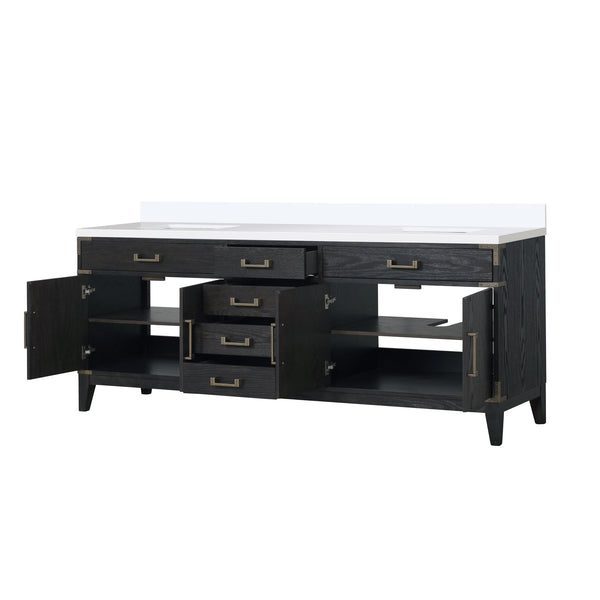 English Elm Black Oak Double Bath Vanity With White Quartz Top - 84" W, Elegant Storage, Durable Design B2731P260976