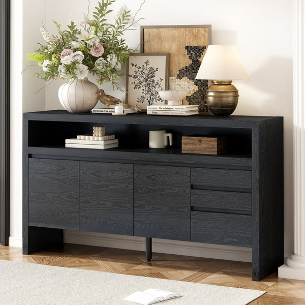 English Elm U_Style 60" Modern Sideboard With 3 Drawers & Open Shelf - Stylish Storage Solution For Home Decor N711P289141B-GIGA