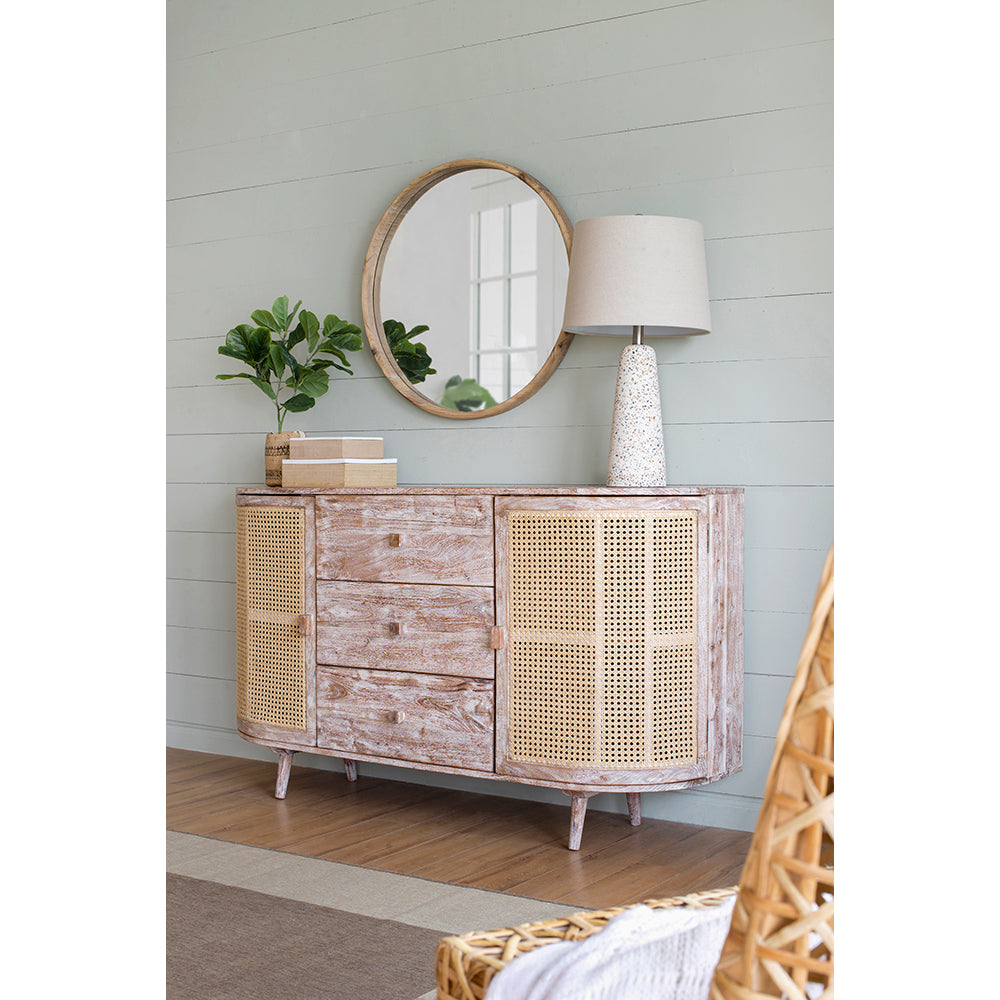 English Elm 57x16x33" TV Console with Cane Doors — Sandblast Mixed Materials, 3 Drawers & 2 Doors, Breezy Storage Solution W2078P179493