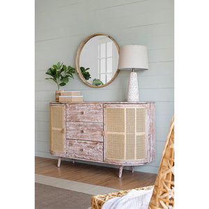 English Elm 57x16x33" TV Console with Cane Doors — Sandblast Mixed Materials, 3 Drawers & 2 Doors, Breezy Storage Solution W2078P179493