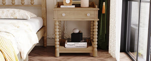 English Elm Retro Bedside Nightstand with Turned Rubberwood Legs Open Shelf and Drawer Storage Natural N733P206240M