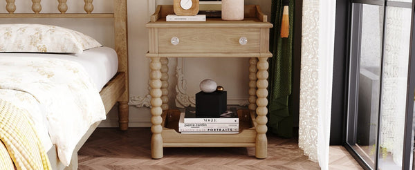 English Elm Retro Bedside Nightstand with Turned Rubberwood Legs Open Shelf and Drawer Storage Natural N733P206240M