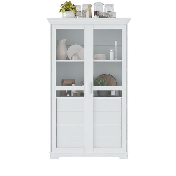English Elm Topmax Solid Pine Pantry Cabinet with Glass Doors Four Drawers Farmhouse Storage White SP000086AAK
