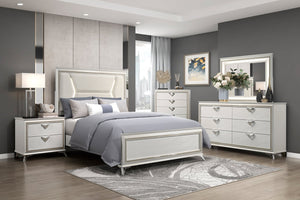 English Elm 1pc Chenille Upholstered Queen Headboard with LED Lighting, Modern Luxury Bed Frame in Antique White Gold Finish B011S01547