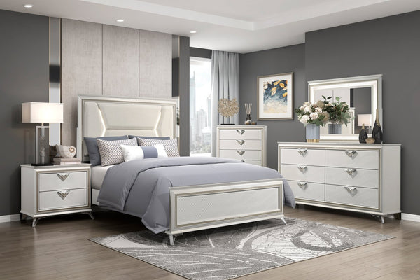 English Elm 1pc Chenille Upholstered Queen Headboard with LED Lighting, Modern Luxury Bed Frame in Antique White Gold Finish B011S01547